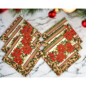 6 Christmas Napkins Holly Poinsettias Quilt Square Placemat Holiday Handmade Set